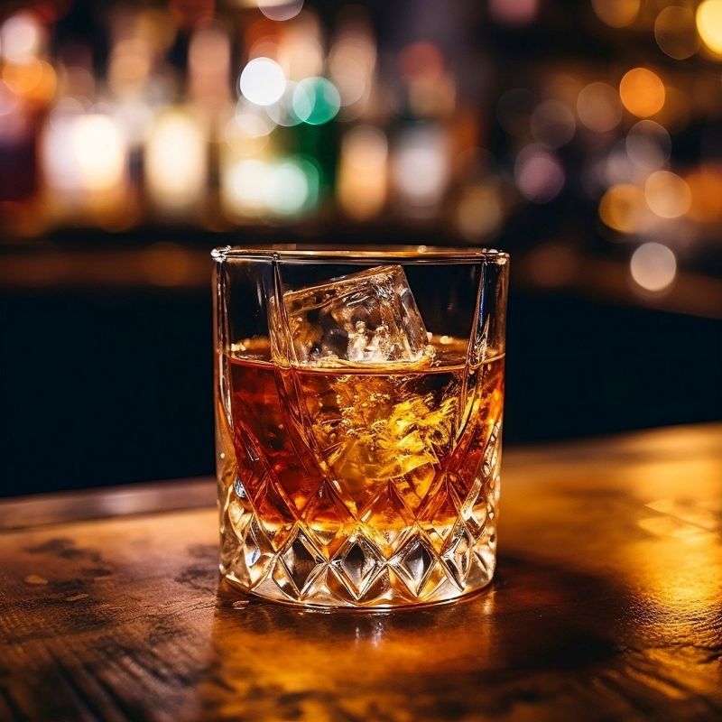 A glass of bourbon on a table with ice cubes in it.  The background of the bar is blurred out behind it.