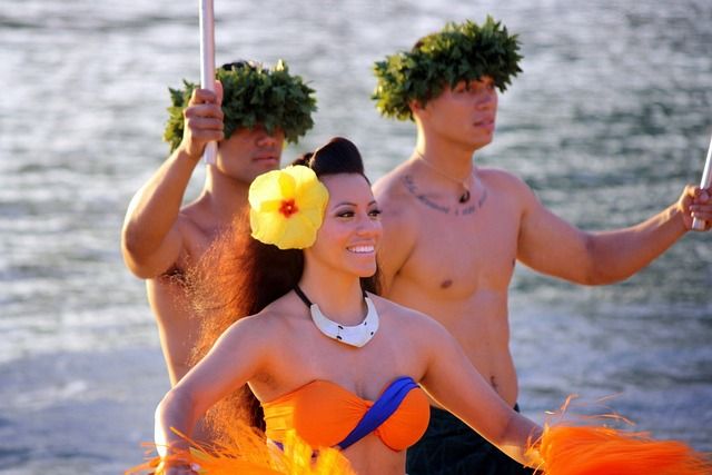 Luau dancers and musicians at a luau in Hawaii.